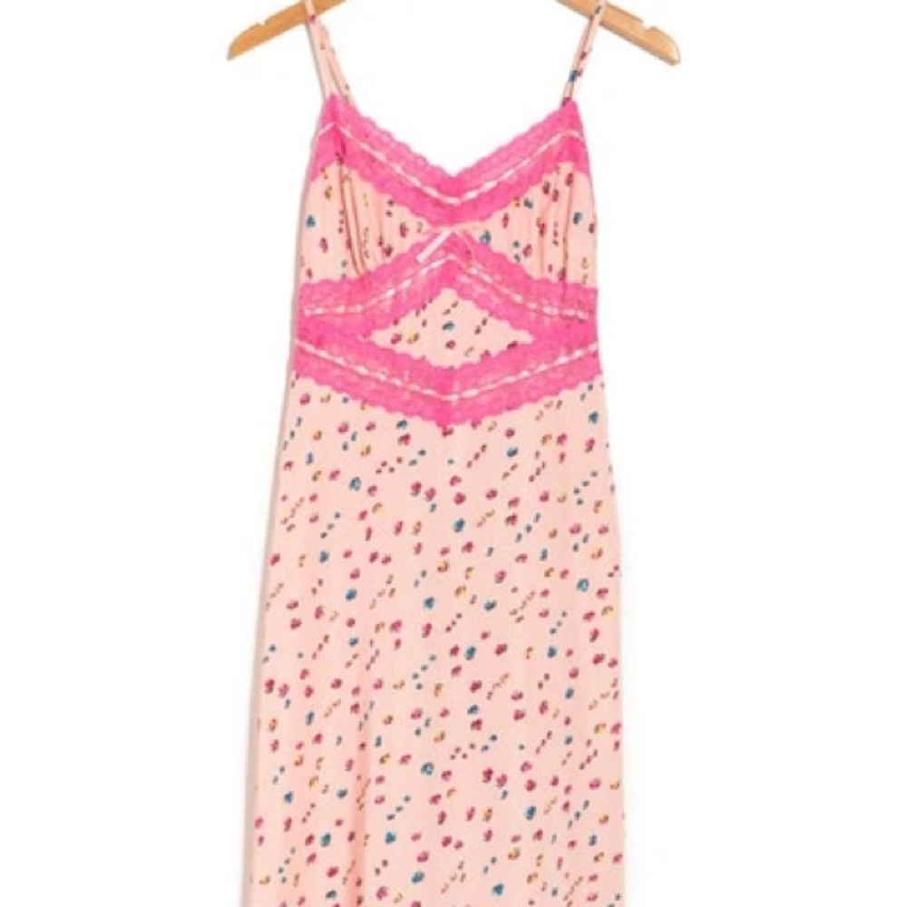 Pink Floral Slip Dress with Lace Trim